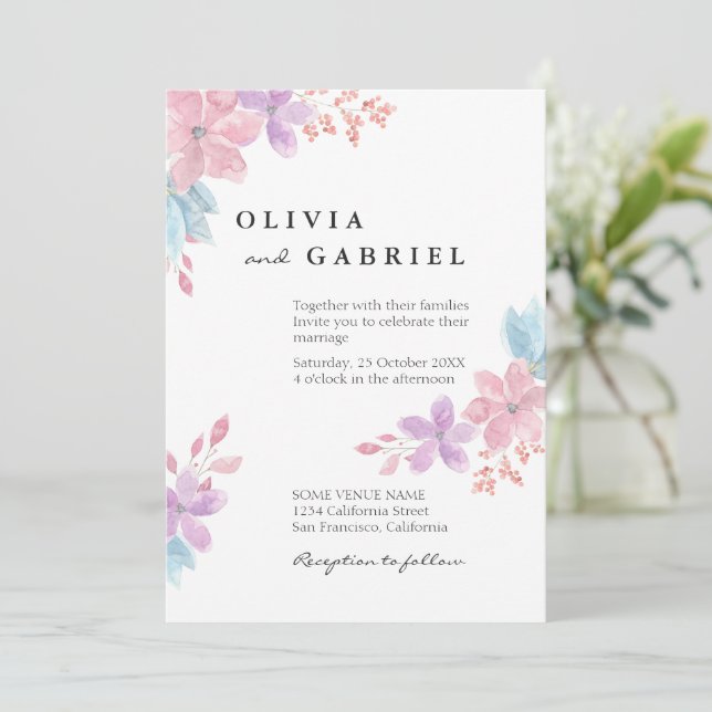 Invitación Flores acuarelas delgadas boda de boho botánico (Anverso de pie)