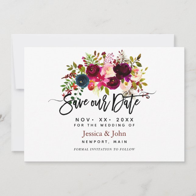 Invitación Flores acuarelas en azul marino rubio y burdeos (Anverso)