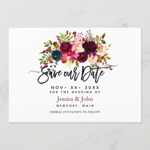 Invitación Flores acuarelas en azul marino rubio y burdeos