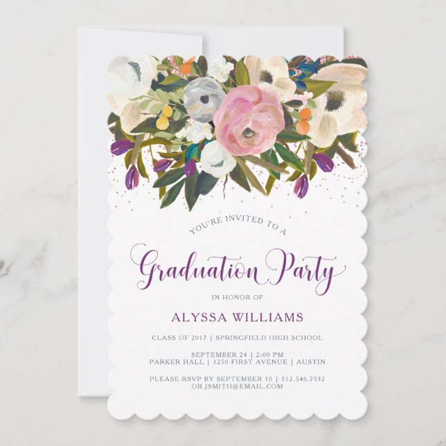 Invitación Flores acuarelas | Faux Purpurina Graduation Party (Anverso)