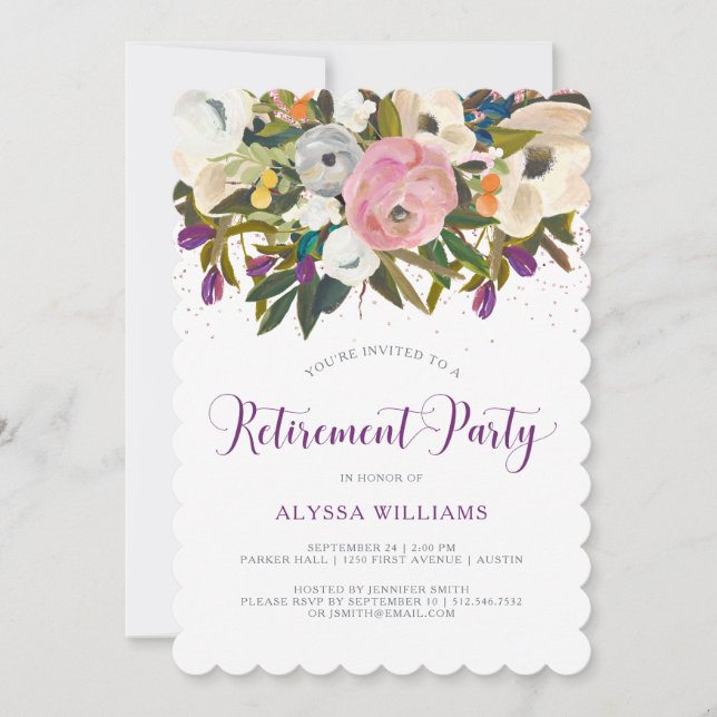 Invitación Flores acuarelas| Fiesta de Jubilación Purpurina f (Anverso)