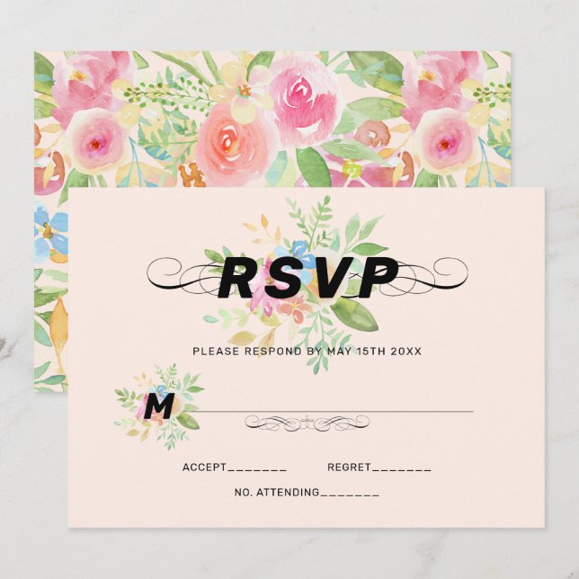Invitación Flores acuarelas pastorales de caligrafía moderna  (Anverso / Reverso)