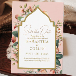 Invitación Flores acuarelas Peach Fruit Gold Save the Date