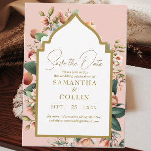 Invitación Flores acuarelas Peach Fruit Gold Save the Date