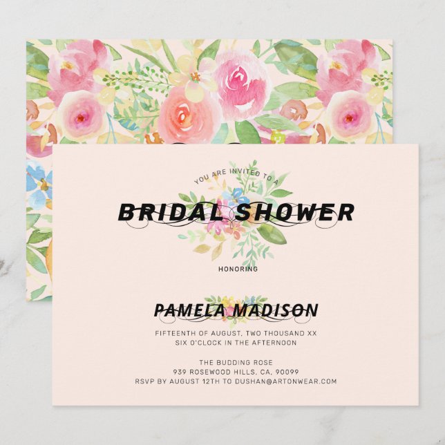 Invitación Flores acuarelas ramo y tipografía moderna (Anverso / Reverso)