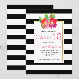 Invitación Flores acuarelas, rayas dulces, cumpleaños diecisé