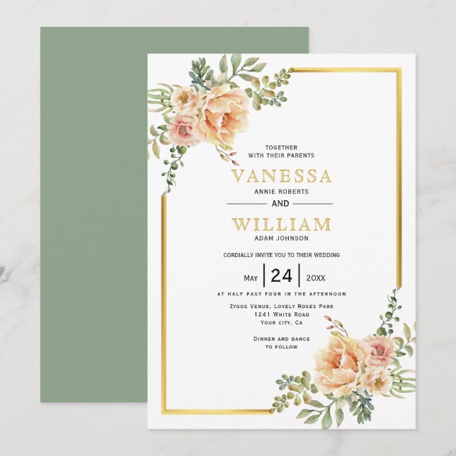 Invitación Flores acuarelas y boda floral de marco dorado (Anverso / Reverso)