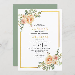 Invitación Flores acuarelas y boda floral de marco dorado