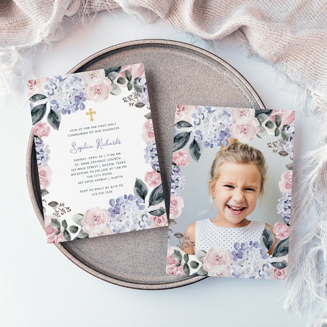 Invitación Flores acuarelas y foto primera comunión sagrada (Subido por el creador)