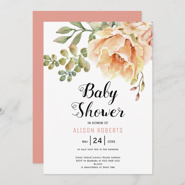 Invitación Flores acuarelas y hojas una ducha para bebés (Anverso / Reverso)
