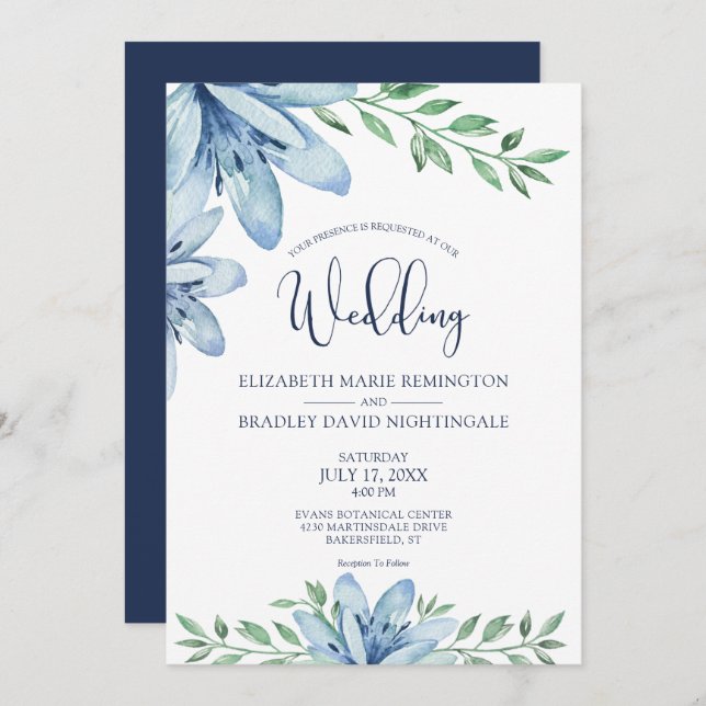 Invitación Flores acuáticas azules florales y Boda de la vege (Anverso / Reverso)