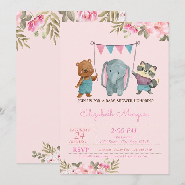 Invitación Flores acuáticas Baby Animals Baby Shower (Anverso / Reverso)