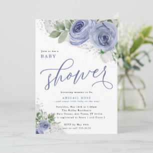 Invitación Flores acuáticas Baby Shower, azul y plateado