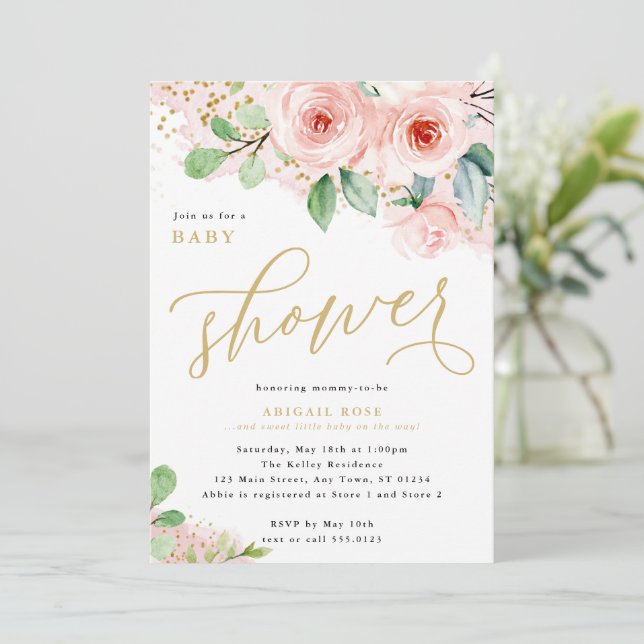 Invitación Flores acuáticas Baby Shower, rosa y dorada (Anverso de pie)