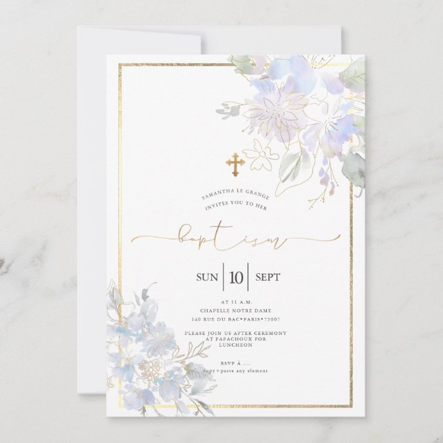 Invitación Flores acuáticas Bautismo Dusty Blue Sweet Peas (Anverso)
