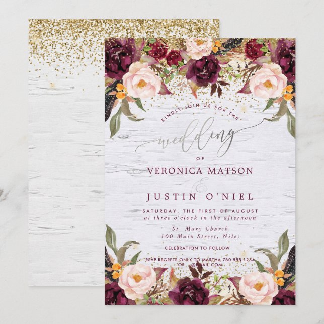 Invitación Flores acuáticas Boho Burgundy+Rubor (Anverso / Reverso)