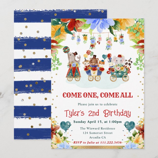 Invitación Flores acuáticas Circo Animales Niños Cumpleaños (Anverso / Reverso)