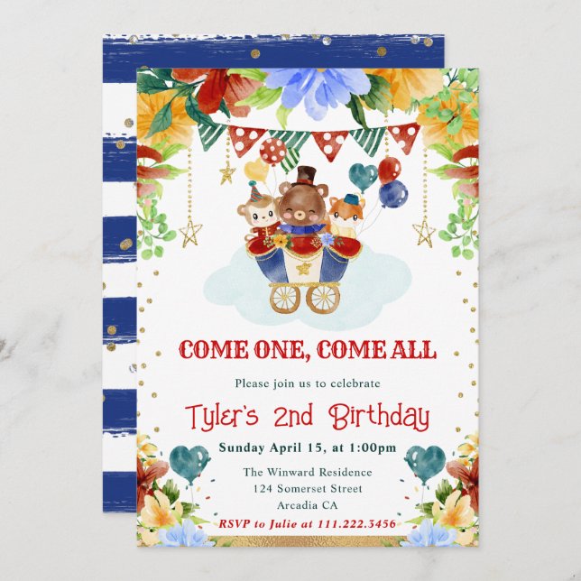 Invitación Flores acuáticas Circo Animales Niños Cumpleaños (Anverso / Reverso)