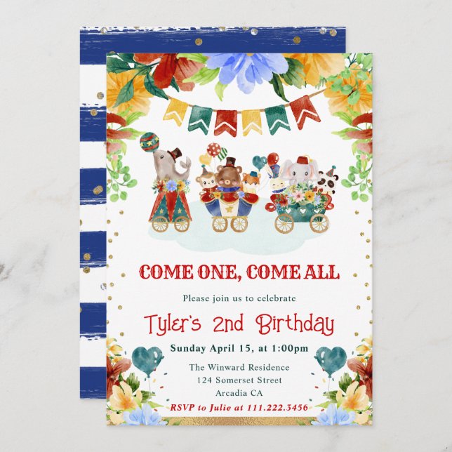Invitación Flores acuáticas Circo Animales Niños Cumpleaños (Anverso / Reverso)