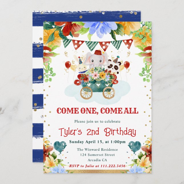 Invitación Flores acuáticas Circo Animales Niños Cumpleaños (Anverso / Reverso)