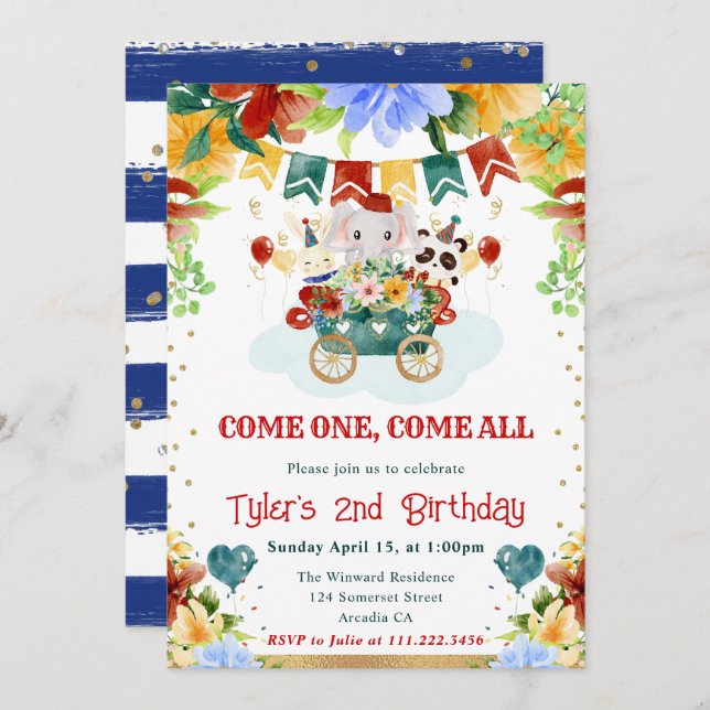 Invitación Flores acuáticas Circo Animales Niños Cumpleaños (Anverso / Reverso)