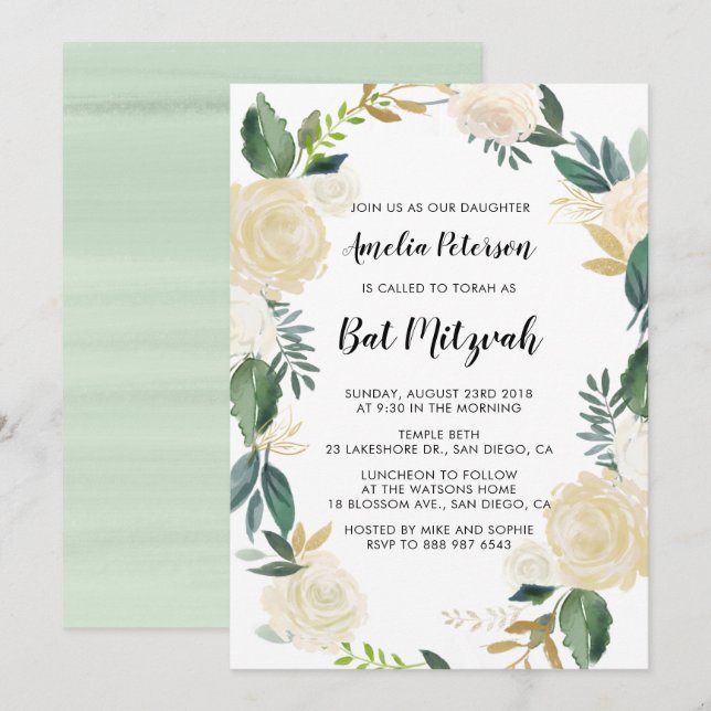 Invitación Flores acuáticas con Bat Mitzvah, Purpurina de oro (Anverso / Reverso)