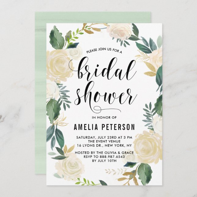 Invitación Flores acuáticas con ducha de novia Purpurina de o (Anverso / Reverso)