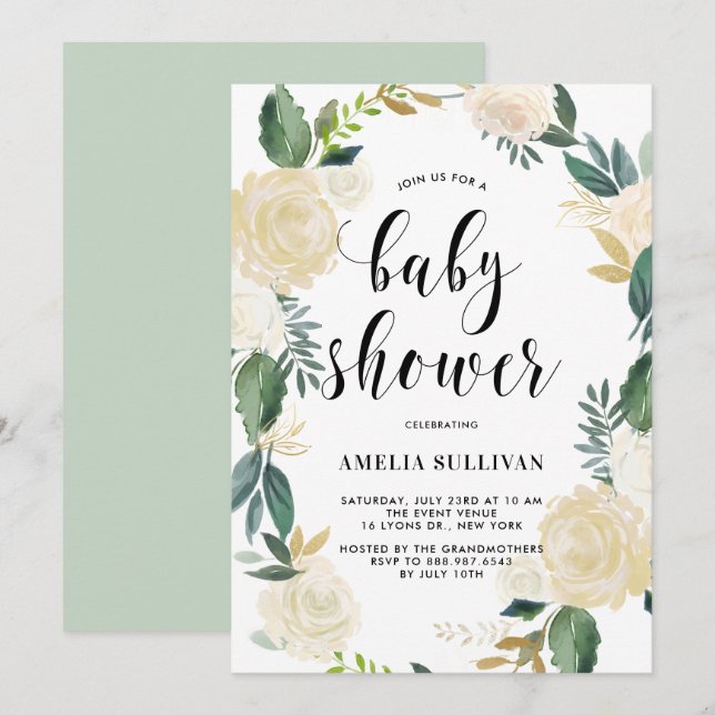 Invitación Flores acuáticas con duchas de bebé Purpurina de o (Anverso / Reverso)