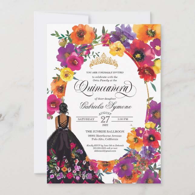 Invitación Flores acuáticas de bordado floral Quinceanera I (Anverso)