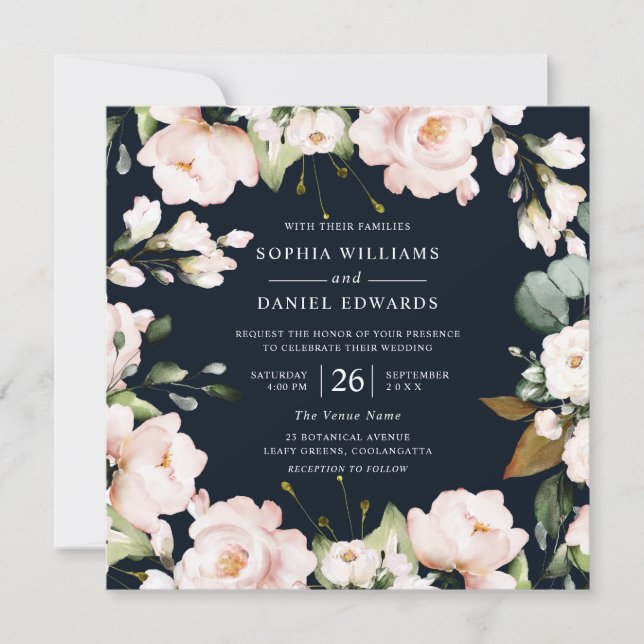 Invitación Flores acuáticas de la Marina y Rubor elegantement (Anverso)