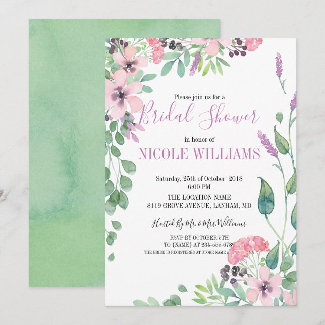 Invitación Flores acuáticas de lavanda RÚSTICA Ducha de novia (Anverso / Reverso)
