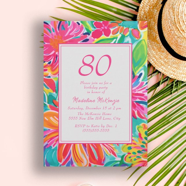 Invitación Flores acuáticas de Naranja rosado caliente 80 cum (Hot pink and orange tropical leaves 80th birthday party invitation. 

)