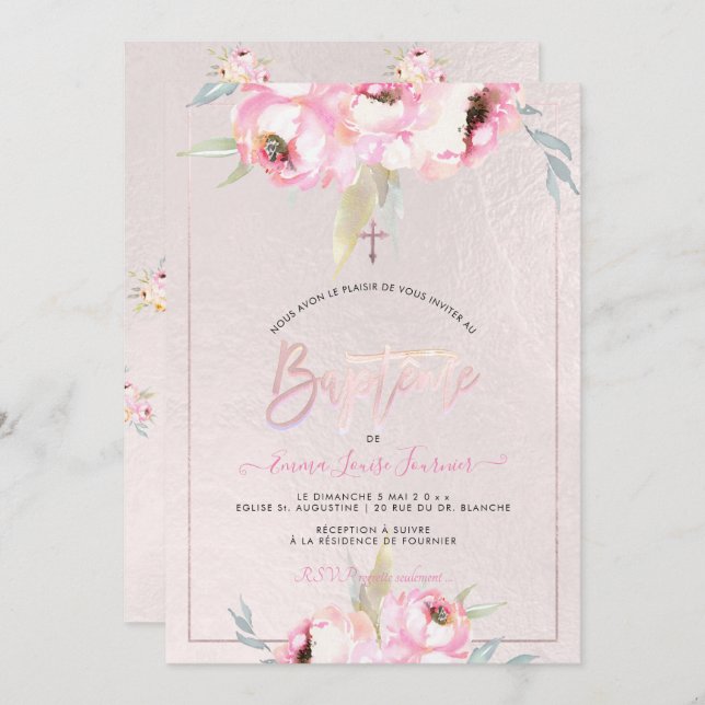 Invitación Flores acuáticas de PixDezines Peonies Baptême (Anverso / Reverso)