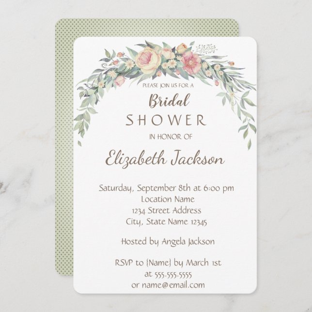 Invitación Flores acuáticas, ducha de novia con puntos de pol (Anverso / Reverso)