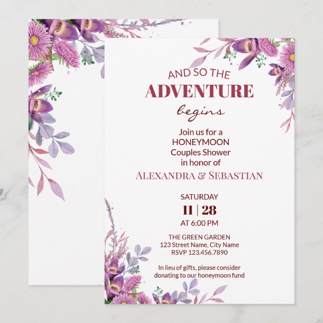 Invitación Flores acuáticas Ducha luna de miel (Anverso / Reverso)