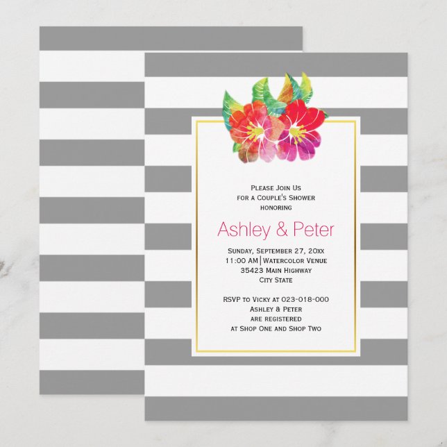 Invitación Flores acuáticas duchas de boda gris (Anverso / Reverso)
