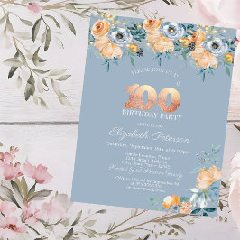 Invitación Flores acuáticas Dusty Blue 100 cumpleaños
