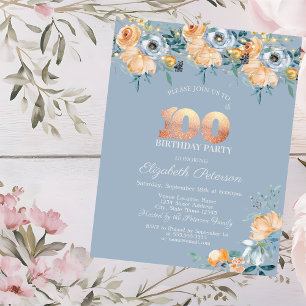 Invitación Flores acuáticas Dusty Blue 100 cumpleaños