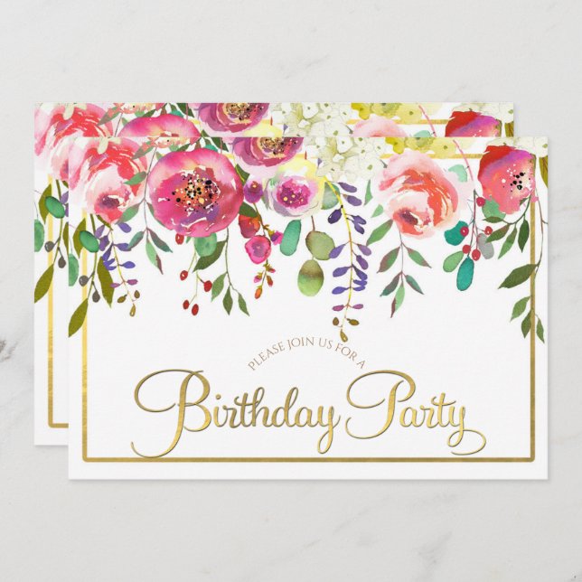 Invitación Flores acuáticas florales fiesta de cumpleaños mod (Anverso / Reverso)