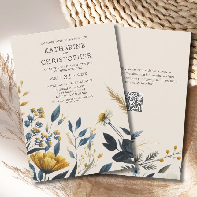 Invitación Flores acuáticas Flores silvestres elegantes Bodas (Watercolor Wildflowers Elegant Beige Wedding Invitation with blue and yellow wildflowers, qr code.)