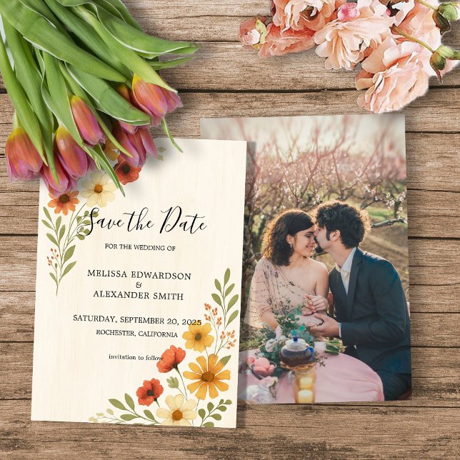Invitación Flores acuáticas foto boda Guardar fecha (Watercolor flowers photo boho wedding Save the date Invitation.)