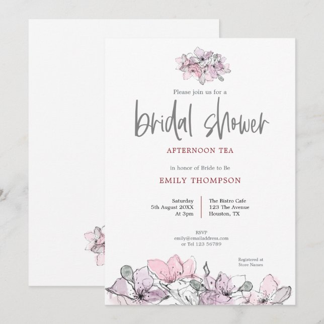 Invitación Flores acuáticas Guión rosado Té de ducha de novia (Anverso / Reverso)