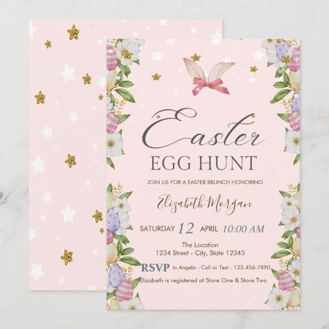 Invitación Flores acuáticas huevos orejas conejitas (Anverso / Reverso)