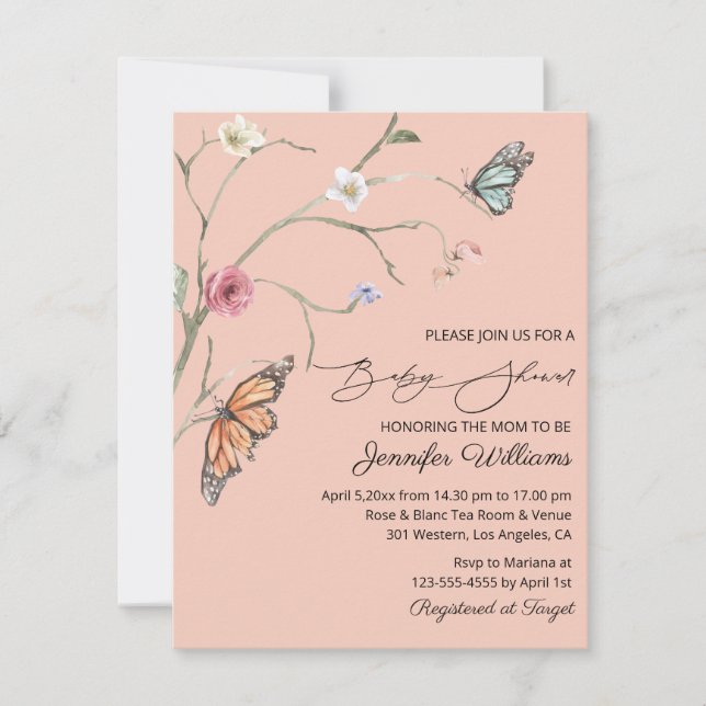 Invitación flores acuáticas mariposas ducha bebé rosa (Anverso)