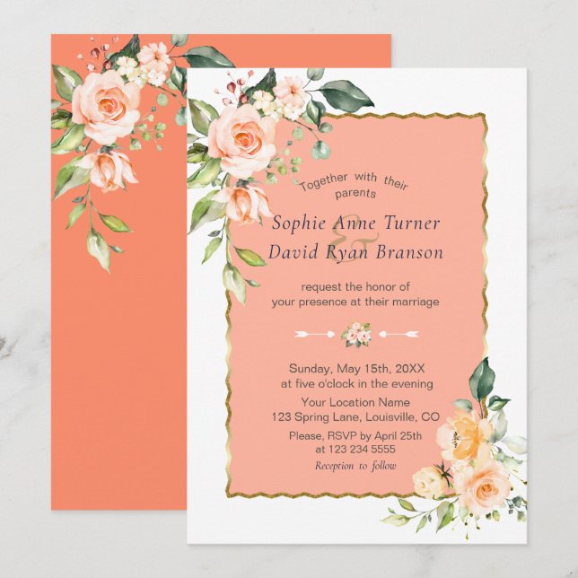 Invitación Flores acuáticas modernas Boda de coral vivo (Anverso / Reverso)
