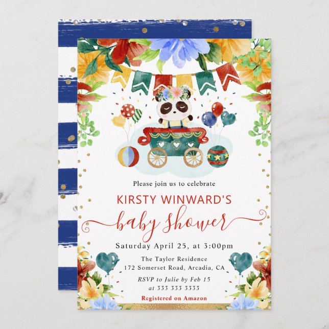 Invitación Flores acuáticas Panda Baby Shower (Anverso / Reverso)