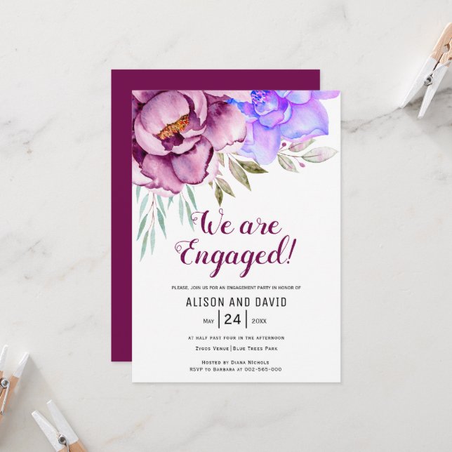 Invitación Flores acuáticas púrpura tirolesas compromiso flor (Anverso/Reverso In Situ)