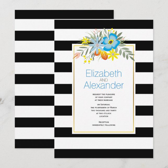 Invitación Flores acuáticas, rayas blancas negras boda floral (Anverso / Reverso)