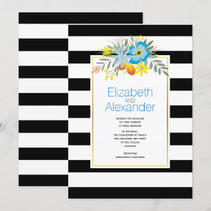 Invitación Flores acuáticas, rayas blancas negras boda floral