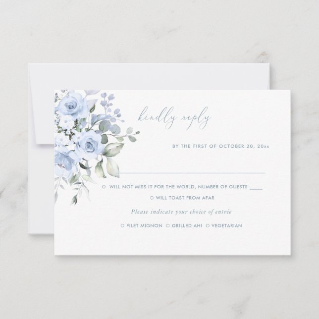 Invitación Flores acuáticas Rosas azul turbio, RSVP de carne (Anverso)